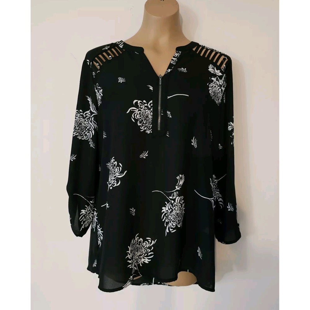 Maurices Sheer Tunic Blouse 1/4 Zip Front Roll Tab Sleeve Black White Floral 16W